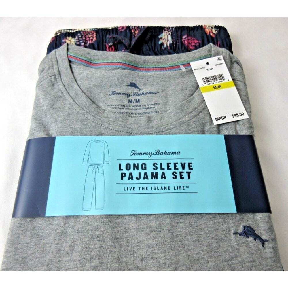 Tommy Bahama Men's Long Sleeve Island Life 2 Piece PJ set Navy Blue Grey NEW - Picture 2 of 5